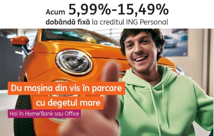 ING scade dobânda la creditul de nevoi personale. Te bucuri de o dobândă fixă între 5,99% și 15,49%, redusă de la 6,24%-16,49%